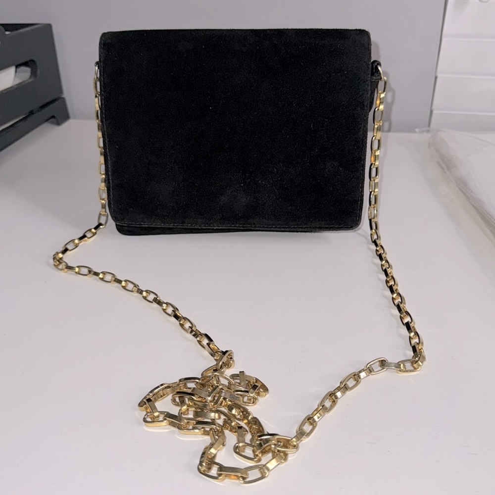 Vintage LJ Simone Black Suede Leather Shoulder Bag with Gold Chain Strap